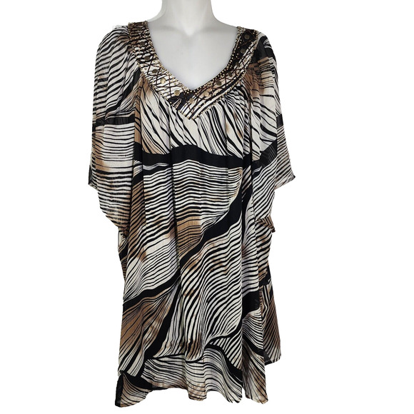 Maggie Barnes Tunic Top 4X 30/32W Striped Short Sleeve Beaded V Neck Tunic Lined - Picture 1 of 11